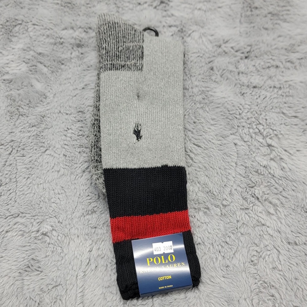 Polo Ralph Lauren Socks Mens 10-13 Gray Black Red Stripe Pony Mid Calf Boot